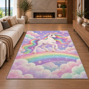 white unicorn on a rainbow rug in a living room with a fireplace