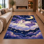unicorn sleeping on a cloud rug in a living room with a fireplace
