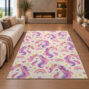 unicorn heads pattern with rainbows rug in a living room with a fireplace