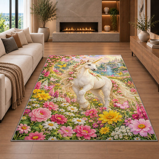 unicorn in a flower garden rug in a living room with a fireplace