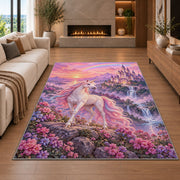 unicorn before a fairytale castle rug in a living room with a fireplace