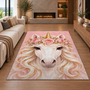 unicorn face with flower crown rug in a living room with a fireplace