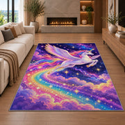 winged unicorn flying through stars rug in a living room with a fireplace