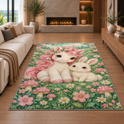 baby unicorn and bunny friend rug in a living room with a fireplace