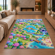 unicorn land map rug in a living room with a fireplace