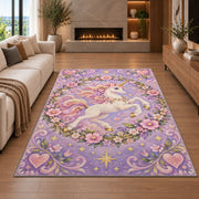 leaping unicorn in a floral wreath rug in a living room with a fireplace