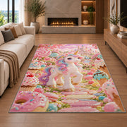 unicorn in a candy garden rug in a living room with a fireplace