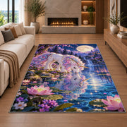 unicorn drinking at a moonlit lake rug in a living room with a fireplace
