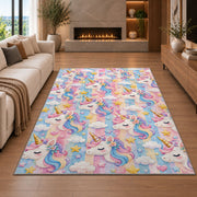unicorn heads and stars pattern on pastel stripes rug in a living room with a fireplace