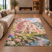 mother and baby unicorn rug in a living room with a fireplace
