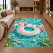 unicorn pool float rug in a living room with a fireplace