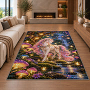 unicorn in an enchanted forest rug in a living room with a fireplace