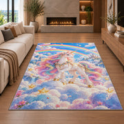 unicorn on clouds with double rainbow rug in a living room with a fireplace