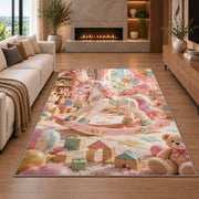 unicorn rocking horse in a playroom rug in a living room with a fireplace