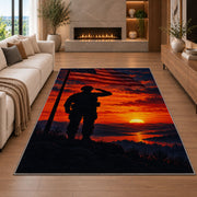 Soldier Salute Sunset rug in a living room with a fireplace