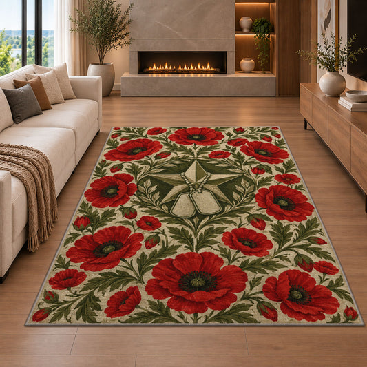 Remembrance Poppy rug in a living room with a fireplace