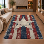 Distressed Americana Star rug in a living room with a fireplace