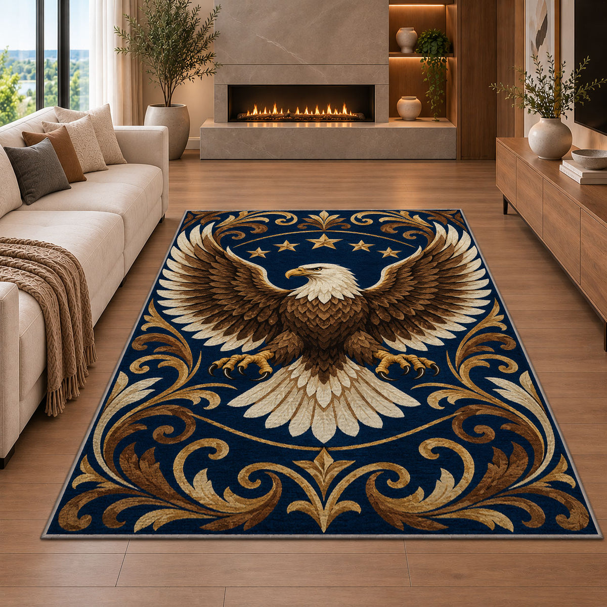 Bald Eagle Stars rug in a living room with a fireplace