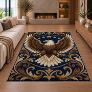 Bald Eagle Stars rug in a living room with a fireplace