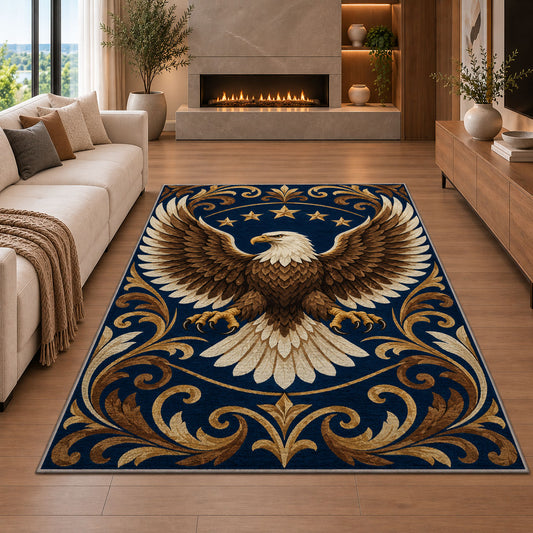 Bald Eagle Stars rug in a living room with a fireplace