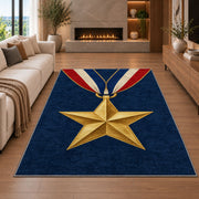 Gold Star Medal rug in a living room with a fireplace