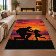 Soldier Homecoming rug in a living room with a fireplace