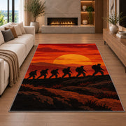 Soldiers March Sunset rug in a living room with a fireplace