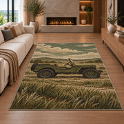 Vintage Military Jeep rug in a living room with a fireplace