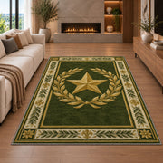 Gold Star Laurel rug in a living room with a fireplace