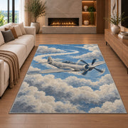 Vintage Propeller Plane rug in a living room with a fireplace