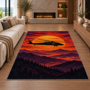 Helicopter Sunset rug in a living room with a fireplace