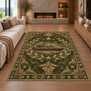 Military Tank Emblem rug in a living room with a fireplace