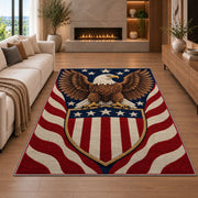 Patriotic Eagle Shield rug in a living room with a fireplace