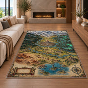 Kingdom map rug with castle, mountain peaks, forests, and lake in a living room with a fireplace