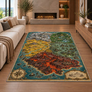 Fantasy island map rug with red volcanic terrain, green forest, and turquoise sea in a living room with a fireplace