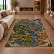 Fantasy river valley map rug with forest settlements and mountain fortress in a living room with a fireplace