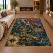 Dark mountain map rug with fiery volcano, waterfalls, and castles in a living room with a fireplace