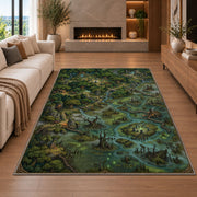 Enchanted swamp map rug with green marsh islands and winding blue waterways in a living room with a fireplace