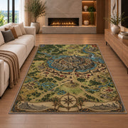 Medieval walled city map rug with surrounding rivers, roads, and compass in a living room with a fireplace