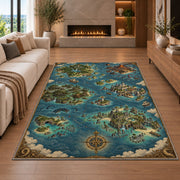 Fantasy archipelago map rug with blue ocean, castle islands, and sailing vessels in a living room with a fireplace