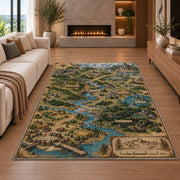 Fantasy trade route map rug with winding rivers, bridges, and woodland towns in a living room with a fireplace