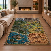 Fantasy campaign map rug with colorful kingdoms, flags, castles, and coastal terrain in a living room with a fireplace
