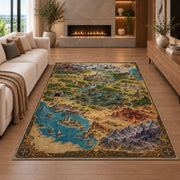 Fantasy coastal world map rug with harbor, desert, mountain ranges, and compass in a living room with a fireplace