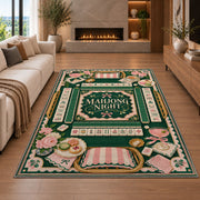 Green and pink mahjong night rug in a living room with a fireplace