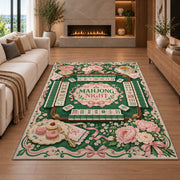 Pink Rose Mahjong Night Rug for Game Room Decor in a living room with a fireplace