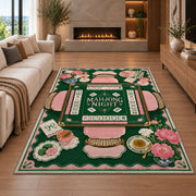 Green Mahjong Table Rug with Pink Floral Tea Details in a living room with a fireplace