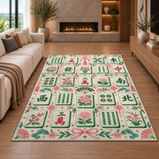 Cream Mahjong Tile Rug with Pink Floral Border in a living room with a fireplace
