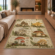 Vintage forest forager mushroom chart rug in a living room with a fireplace