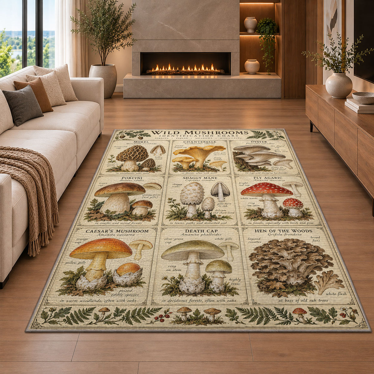 Vintage wild mushroom identification chart rug in a living room with a fireplace
