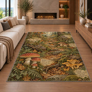Autumn woodland path with toadstools rug in a living room with a fireplace